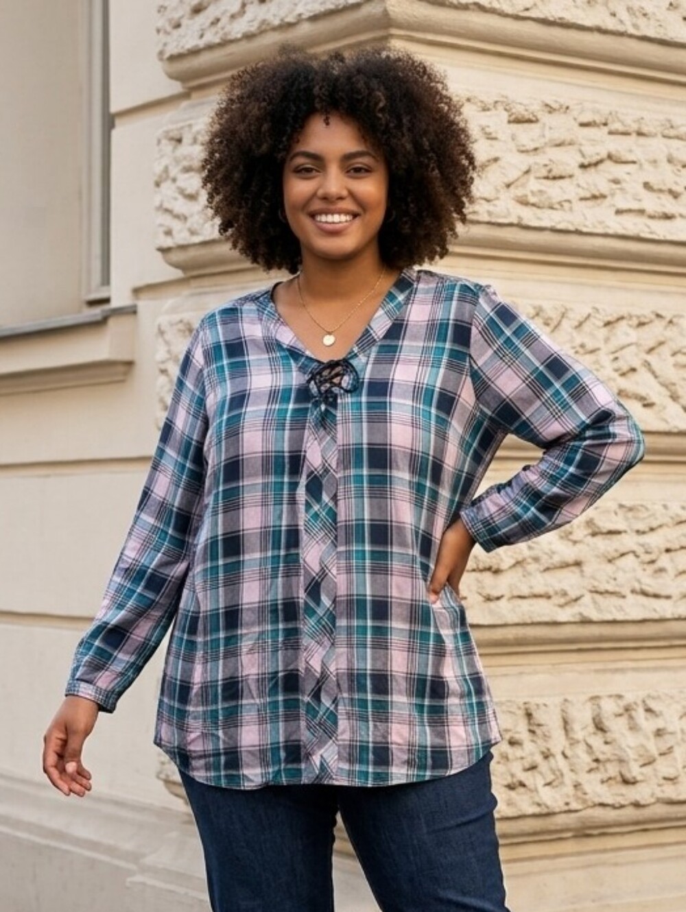 Plaid Lace-Up Tunic Blouse Roll Tab Sleeve High Low Shirt Women's XL Blue Teal